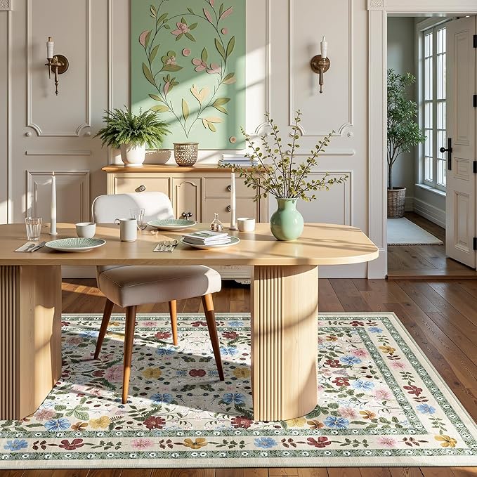 Floral Area Rugs 4x6 Washable Living Room Bedroom Carpet - Vintage Boho Thin Non-Slip Soft Low Pile Floor Mat Indoor Home Decor for Dining Room Playroom Farmhouse, Beige/Green/Multi