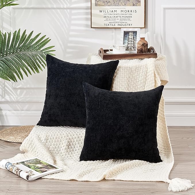 GAWAMAY Decorative Chenille Throw Pillow Covers 26x26 Inch Pack of 2, Soft Square Couch Pillow Cover for Sofa Cushion Living Room Bedroom Solid Dyed Oversized Pillowcases Black 66x66cm (ONLY Covers)
