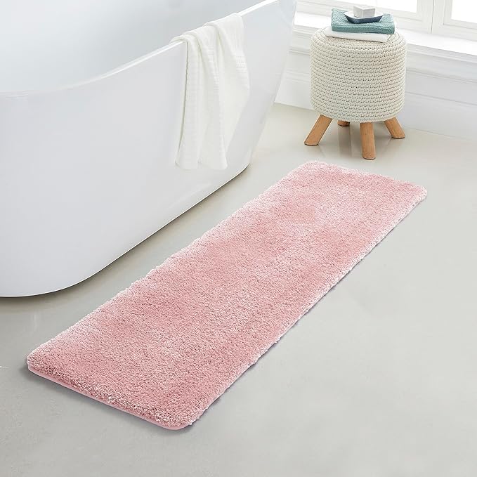 YHF Bathroom Runner Rugs 17" X 59", Extra Thick & Soft Microfiber Shaggy, Machine Washable Bath Mats, Absorbent Bath Rugs, Non-Slip Rubber Backing Bath Mat for Bathroom Floor, Tub and Shower, Pink
