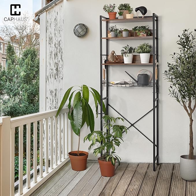 CAPHAUS Over The Toilet Storage, 4-Tier Bathroom Organizer, Freestanding Toilet Shelf, Multifunctional Space Saver Toilet Rack with 4 Hooks, Laundry Organizer, Plant Stand for Balcony (Rustic Oak)