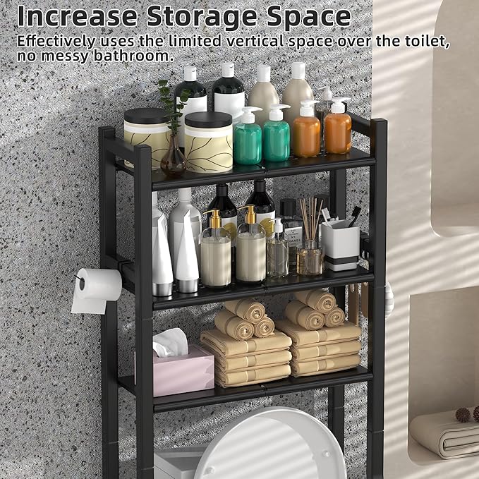 3 Tier Over The Toilet Storage Rack with Toilet Paper Holder, Metal Freestanding Bathroom Shelves with 4 Hooks, Over Toilet Storage Shelf for Bathroom Storage, Black