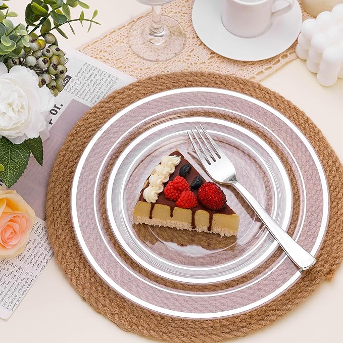 100PCS Clear Plastic Plates for Party, 10.25 Inch Heavy Duty Dinner Plates with Silver Rim, Disposable Plates for Wedding and Birthday