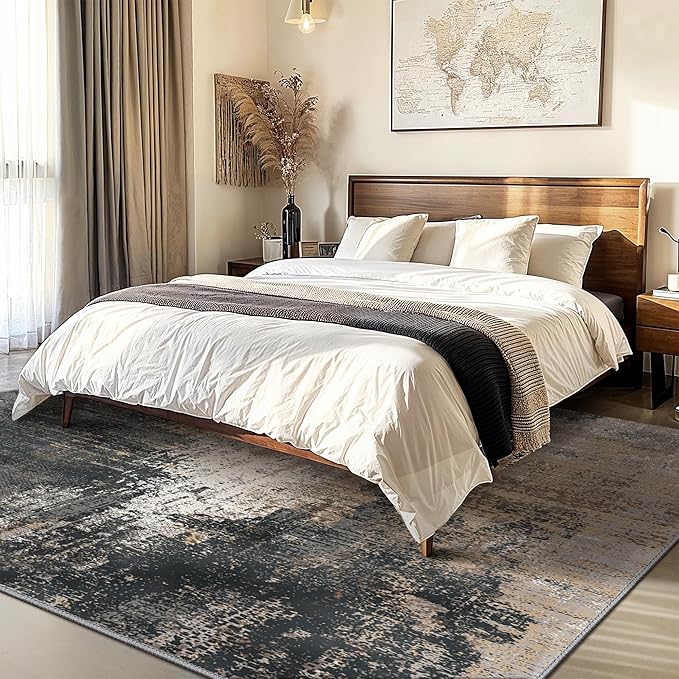 GENIMO Washable Area Rugs for Living Room Bedroom, 10x14 Modern Abstract Non Slip Rug, Low Pile Soft Contemporary Indoor Floor Carpet Cover for Dinning Room Kitchen, Black