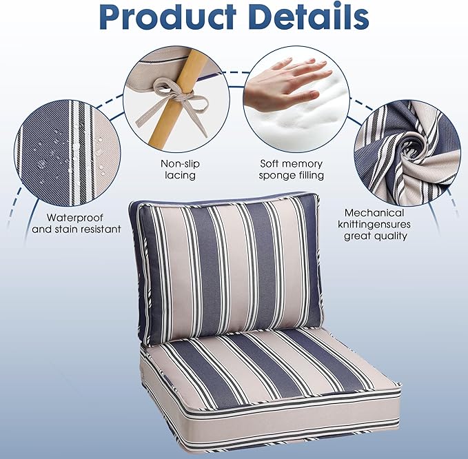 Outdoor Deep Seating Cushion Set, 24" x 24", Waterproof & Fade Resistant Patio Furniture Cushions with Handle, Deep Seat and Back Cushion for Chair and Sofa (2, Blue Stripe)