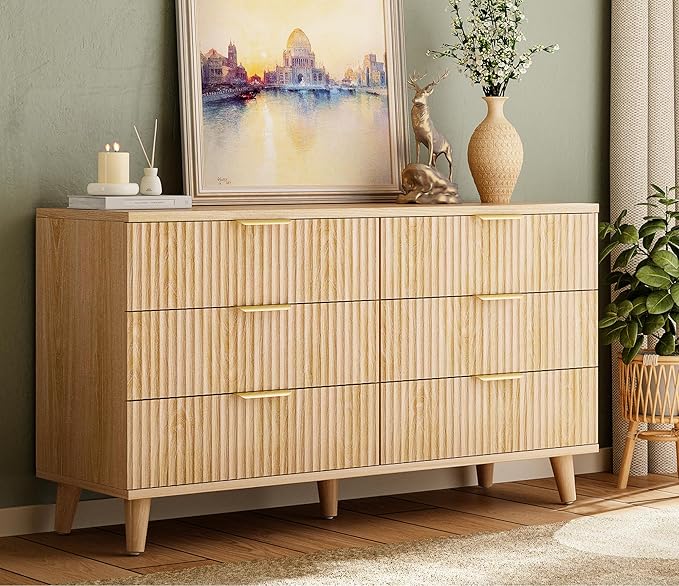 Lulive Dresser for Bedroom Wood Dressers Chest of Drawers, Fluted 53.2" Wide Modern Long Dresser TV Stand 6 Drawers for Bedroom, Closet, Living Room, Hallway (Natural)