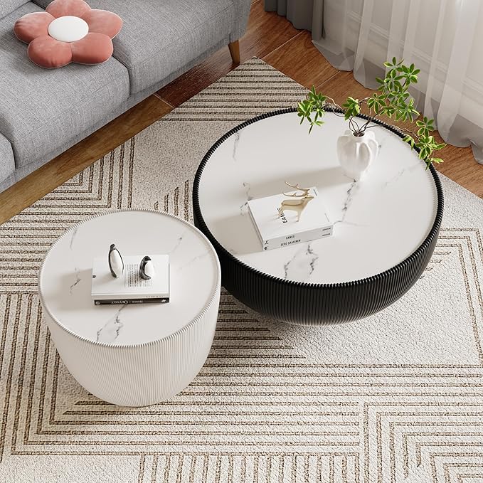 Round Coffee Table Set of 2, 2 Piece Luxury Cup Shape Leather End Tables Living Room Sets, Modern Circle Bedroom Side Tables Set of 2 with PU Leather Sofa Sets for Living Room Bedroom