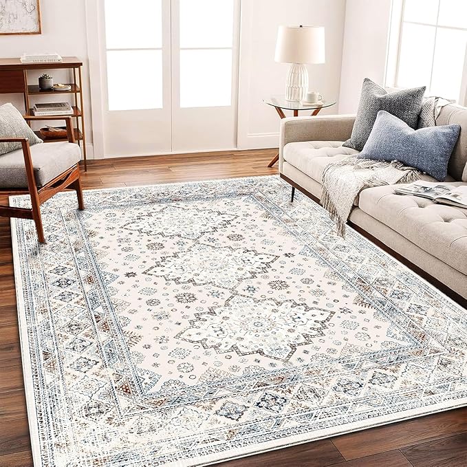 Washable Area Rug 9x12 Retro Flowers Boho Design Non-Shedding Easy Care Ideal for High Traffic Areas in Living Room Bedroom Office Coffee Table Kitchen Large Carpet