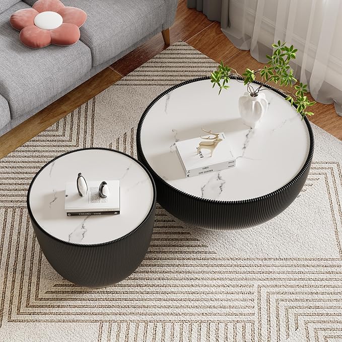 Round Coffee Table Set of 2, 2 Piece Luxury Cup Shape Leather End Tables Living Room Sets, Modern Circle Bedroom Side Sofa Tables Set of 2 with PU Leather for Living Room Bedroom