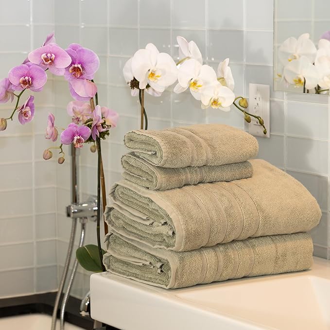 Mosobam Luxury Turkish 4pc XL Towel Set 35X70 16X30 Seagrass Green 700 GSM Bamboo Viscose & Aegean Turkish Combed Cotton