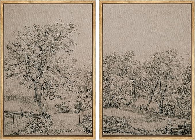 MUDECOR Framed Canvas Print Wall Art Ancient Tree and Country Road Sketch Classic Landscape Pencil Nature Wilderness Illustrations Decorative for Living Room, Bedroom, Office - 24"x36"x2 Natural