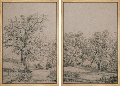 MUDECOR Framed Canvas Print Wall Art Ancient Tree and Country Road Sketch Classic Landscape Pencil Nature Wilderness Illustrations Decorative for Living Room, Bedroom, Office - 24"x36"x2 Natural