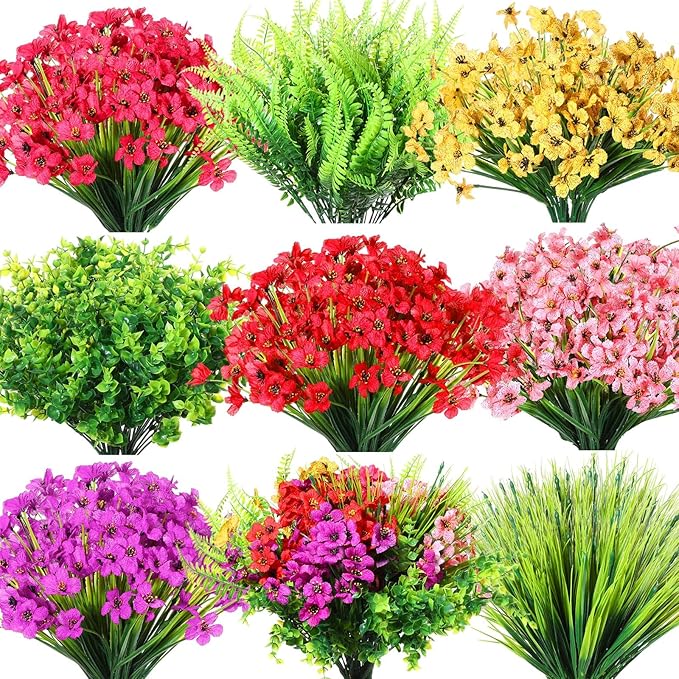 Zeyune 56 Bundles Artificial Flowers Fake UV Resistant for Outdoor Plastic Greenery Shrubs Plants No Fade Faux Flower for Garden Porch Patio Window Wedding Party Decor(Multi Color,Elegant)