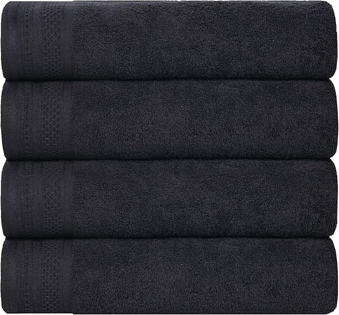 Superior Honeycomb Cotton Medium Weight Towels, for Guest Bath, Master Bathroom, Shower, Quick Dry, Adults, Home Essentials, Textured Waffle Border, Towel Set, Bath Towels, Set of 4, Black