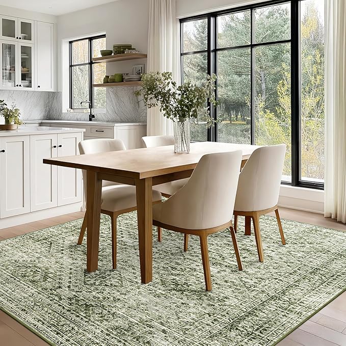 MIULEE 8x10 Vintage Washable Area Rugs Living Room Rug Low Pile Boho Farmhouse Floor Mat for Bedroom Dining Room Under Kitchen Table, Non-Slip Stain Resistant Soft Large Carpet for Home Decor, Green
