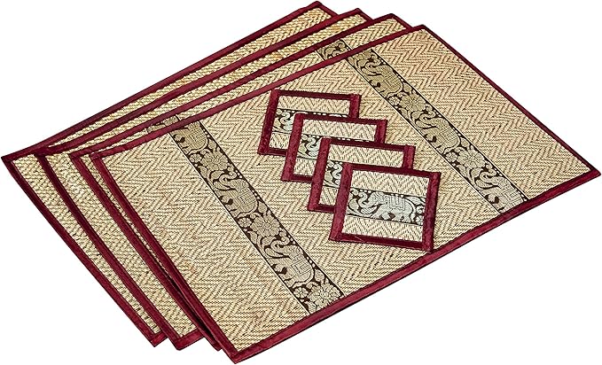 Hand-Woven Wicker Reed Placemats Coaster Set Eco-Friendly Heat Resistant Thai Style Durable Easy to Clean for Dining Table Set of 4 (Large, Burgundy)