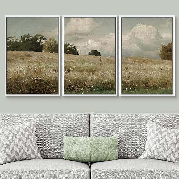 SIGNWIN Framed Canvas Print Wall Art Woodland Nursery Decor Set Watercolor Country Field Landscape Pasture Nature Abstract Fine Art Nordic for Living Room, Bedroom, Office - 24"x36"x3 White