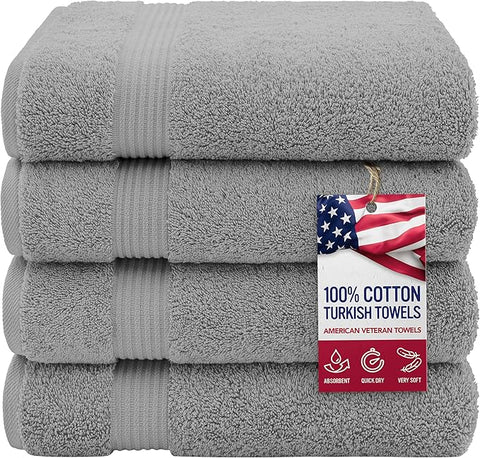 American Veteran Towel, 100% Cotton Turkish Bath Towels for Bathroom 4 Pack, 27x54 Extra Large Premium Soft Drying Bathroom Towels, Light Gray