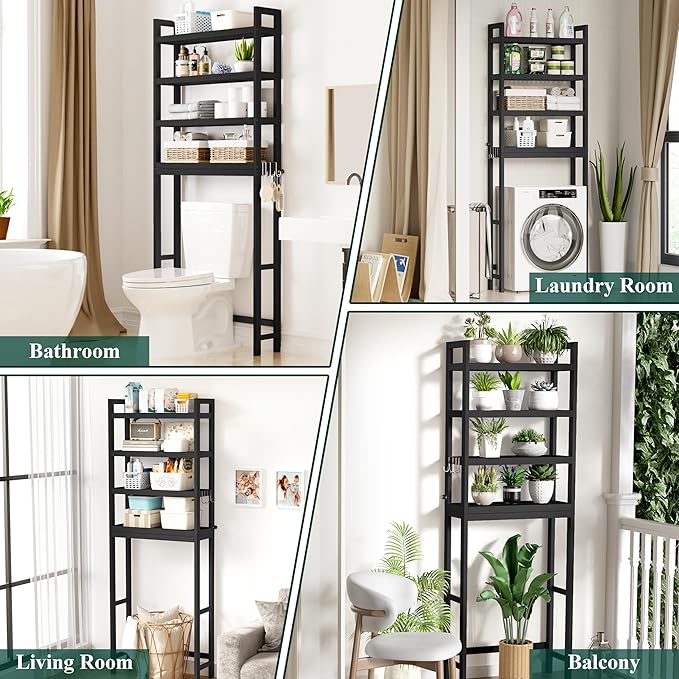 Smiry Over The Toilet Storage Cabinet, 4-Tier Bamboo Bathroom Organizers with Adjustable Shelf & 4 Hooks, Space Saving Shelf Rack for Bathrooms, Laundry Room, Balcony, Black