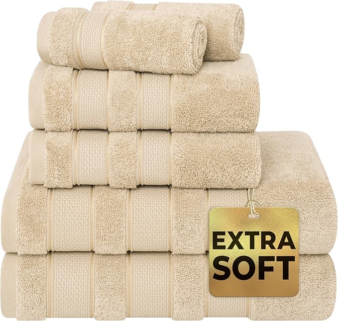 American Soft Linen Salem Turkish Bath Towel Set, 100% Cotton 600 GSM 6 Piece Towels for Bathroom, 2 Bath Towels 2 Hand Towels 2 Washcloths, Beige