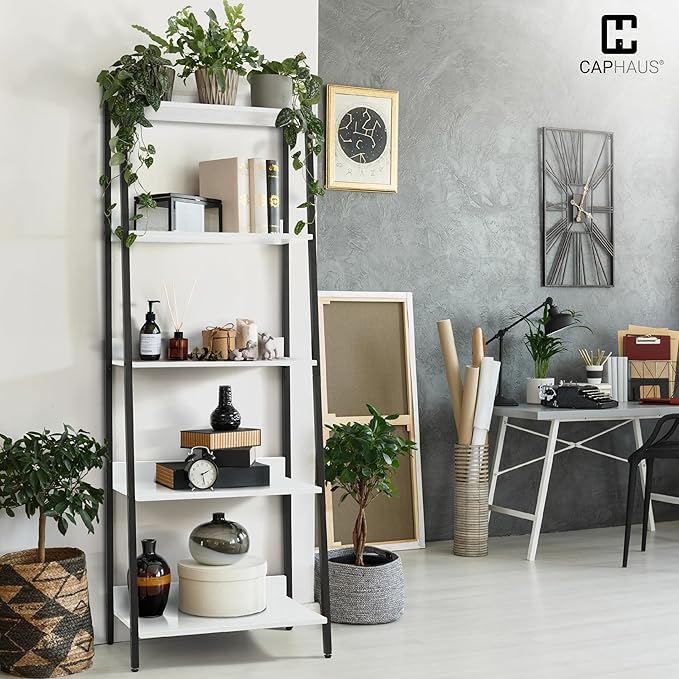 CAPHAUS 5 Tier Ladder Bookshelf, 24 Inch Width Free Standing Shelf, Bookcase Shelf Storage Rack Organizer, Industrial Book Shelves for Home Office, Living Room, Kitchen, White, Vintage Shelves