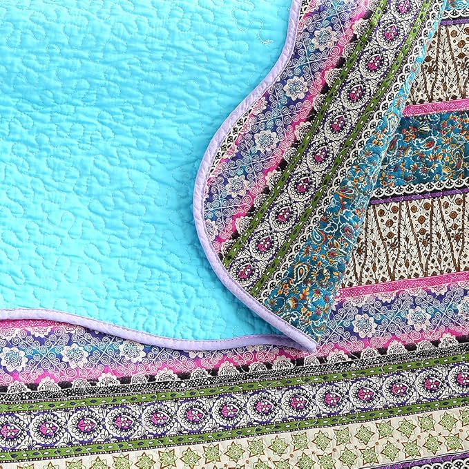 NEWLAKE Quilt Throw Blanket with Reversible Floral Patchwork, Blue Jacquard, 60X78 Inch