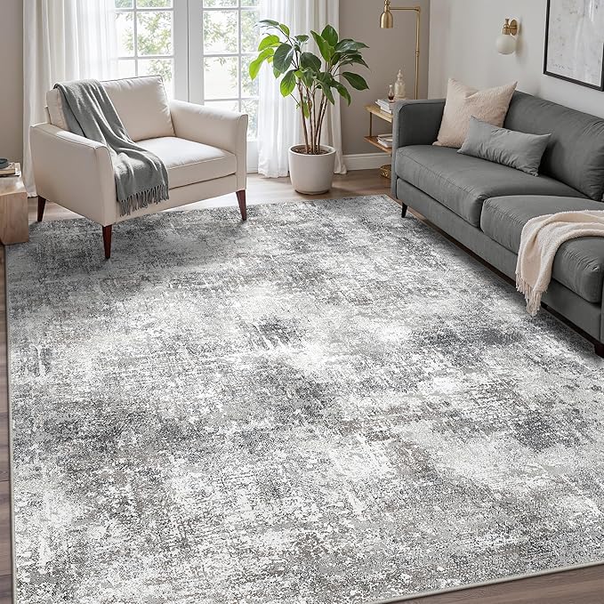 GENIMO Washable Area Rugs for Living Room Bedroom, 9x12 Modern Abstract Non Slip Rug, Low Pile Soft Contemporary Indoor Floor Carpet Cover for Dining Room Kitchen, Grey