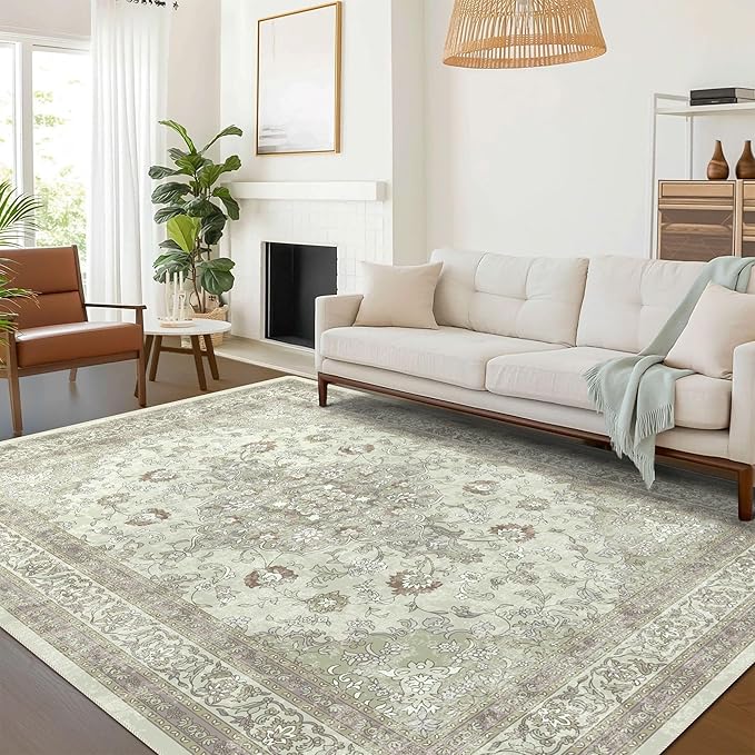 vivorug 3x5 Rug, Small Area Rug for Living Room, Bedroom, Kitchen, Machine Washable Non-Slip Throw Rug, Vintage Floral Carpet for Entryway Nursery Coffee Table - Durable (Sage Green)