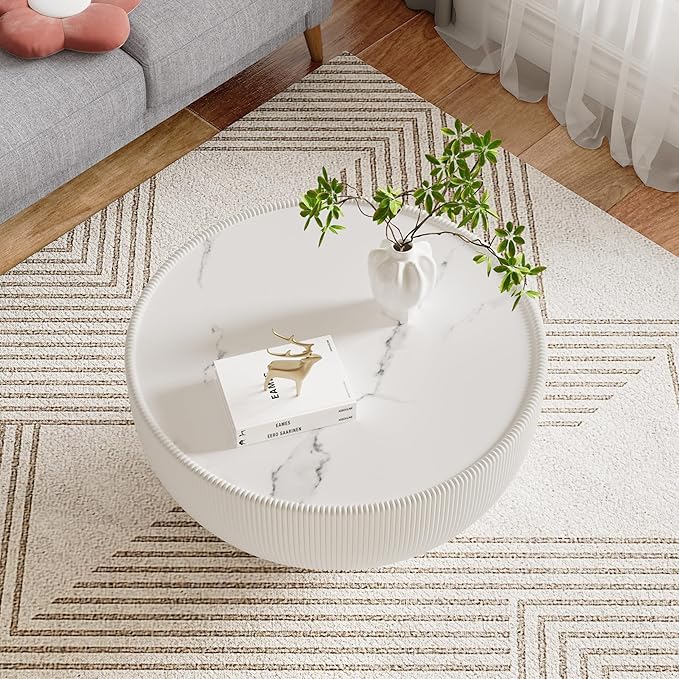 29.53" Round Coffee Table Luxury Cup Shape Leather Coffee Tables, Circle Sofa Center Table PU Leather, Modern White Marble Top Drum Bowl Cocktail Tables for Living Room Bedroom Apartment