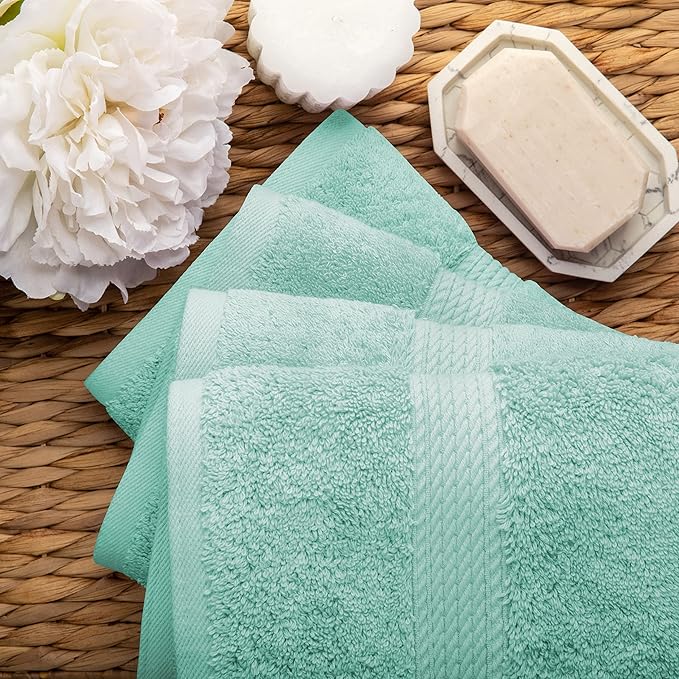 BLUENILEMILLS BNM Egyptian Cotton 4-Piece Towel Set, Includes 4 Hand Towels, Attached Loop for Easy Hanging and Storage, Hotel Quality, Perfect for Bathroom, Gym, Shower Space, or Spa, Sea Foam