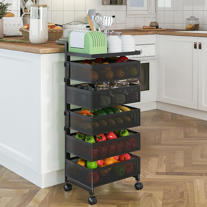 Rolling Rotating Storage Cart No Assembly Required，Bathroom Shelf Fruit and Vegetable Basket for Kitchen,Storage Drawer Organizer Cart ，Metal Utility cart on Wheels(Black, 5 Tier-Square)