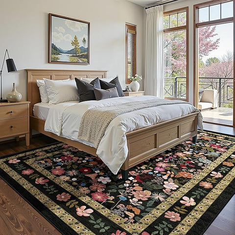 Deerly Living Room Rug 5x7 Rug Washable Vintage Boho Area Rug Non Slip Black Floral Soft Low Pile Thin Large Bedroom Floor Mat Indoor for Dining Room Playroom Nursery Farmhouse, Black/Multi