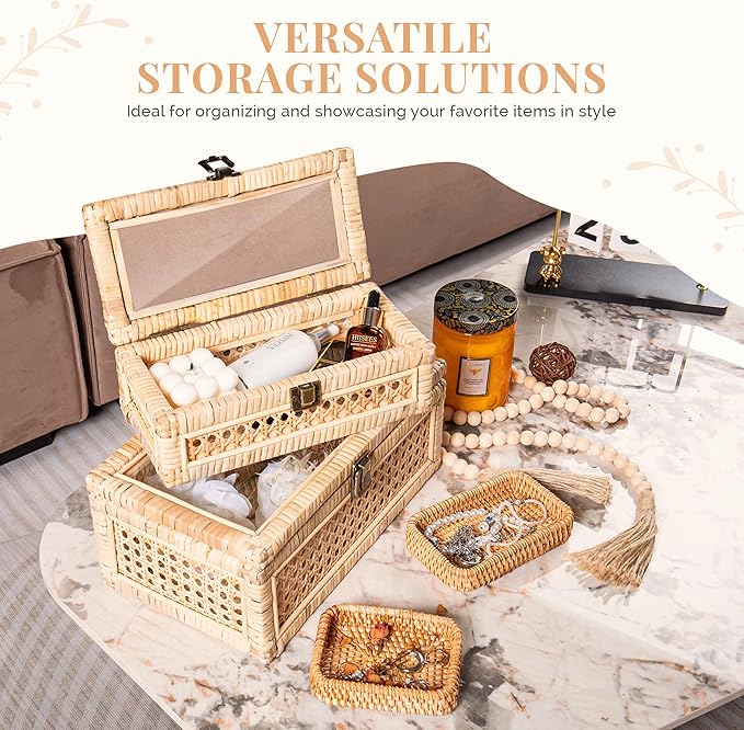 Rattan Display Boxes with Glass Lids - Rectangular Decorative Storage Box for Shelf - Set of 2 Woven Wicker Boho Cane Decor Organizers - 2 Removable Rattan Storage Trays