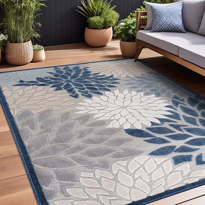 Beverly Rug Outdoor Rug 10x14 Large Modern Floral Tropical Area Rugs for Indoor and Outdoor Patio Easy to Clean Non Shedding Living Room Porch Garden Washable Outside Carpet (10 x 14 Blue)