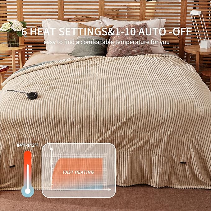 Heated Blanket Twin Size 62"x84",ETL Certification-6 Heating Levels Electric Blanket&1-10 Hour Auto Off,Machine Washable Heating Blanket (Beige)
