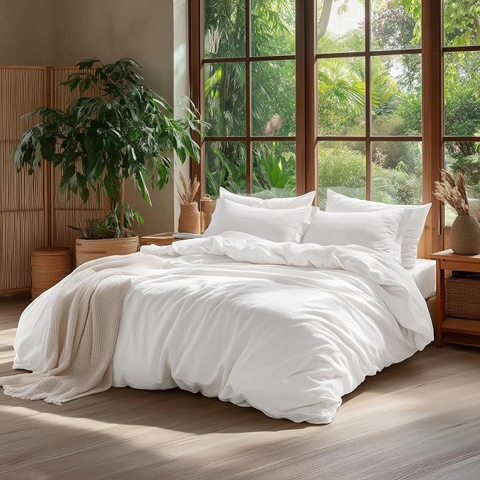 Bedsure 100% Washed Cotton Duvet Cover Cal King - Natural White Minimalist Cotton Duvet Cover Linen Like for All Seasons - GentleSoft™ Plain Simple Bedding, 3 Pieces (White, California King, 104"x98")