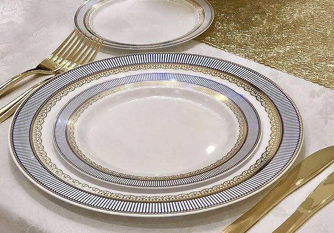 " OCCASIONS " 50 Plates Pack (25 Guests)-Heavyweight Wedding Party Disposable Plastic Plate Set -25 x 10.5'' Dinner + 25 x 7.5'' Salad/dessert plates (Louvre in White w/Blue & Gold)