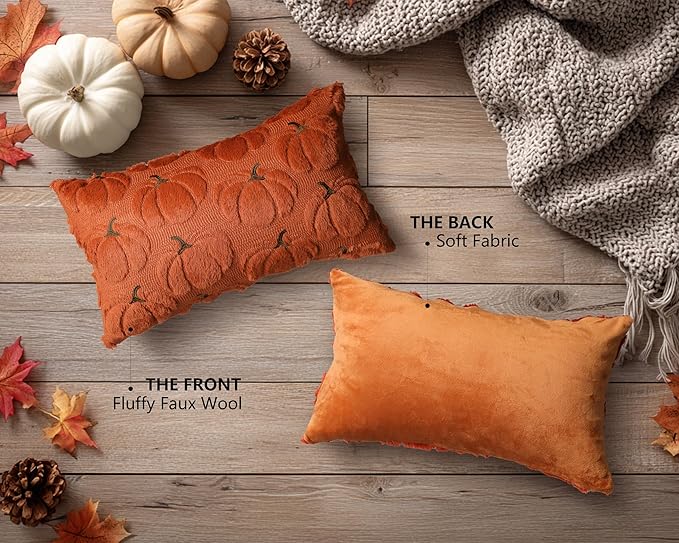 4TH Emotion Fall Pumpkins Decorative Lumbar Pillow Covers 12x20 Set of 2, Dark Rust Red Soft Plush Faux Fur Wool Farmhouse Throw Cushion Cases for Autumn Thanksgiving Holiday Home Decorations
