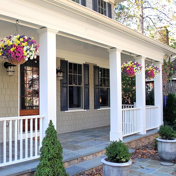 Artificial Faux Hanging Flowers Plants Baskets for Outdoors, Fake Silk Morning Glory in Planter UV Resistant Realistic Artificial Flower for Outside Porch Patio Balcony Garden Yard Home Decor