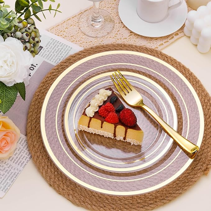 100PCS Clear Plastic Plates for Party, 10.25 Inch Heavy Duty Dinner Plates with Gold Rim, Disposable Plates for Wedding and Birthday