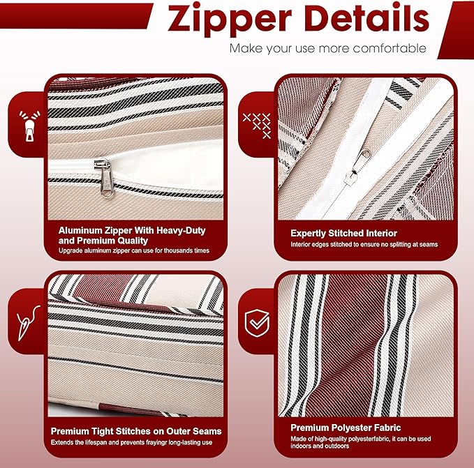 Outdoor Deep Seating Cushion Set, 24" x 24", Waterproof & Fade Resistant Patio Furniture Cushions with Handle, Deep Seat and Back Cushion for Chair and Sofa (3, Red Stripe)