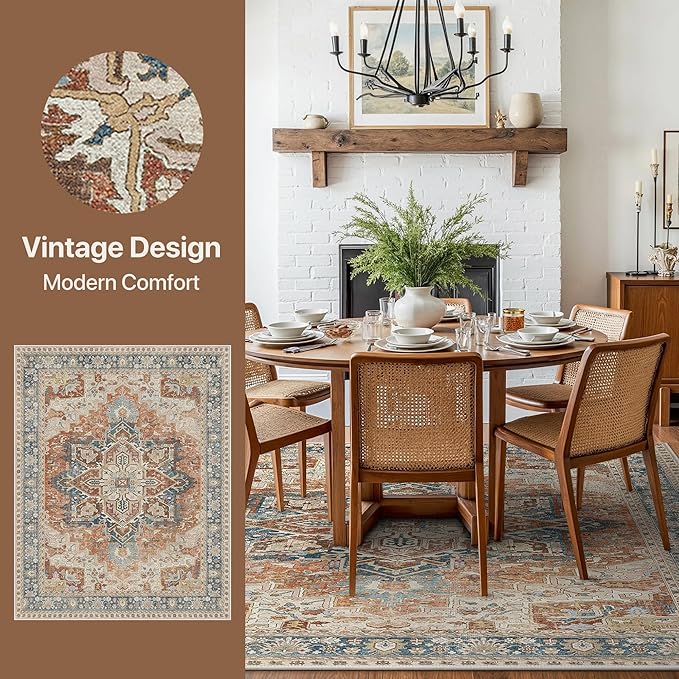 GENIMO 8X10 Area Rugs for Living Room, Machine Washable Vintage Floor Cover Foldable Modern Non Slip Rug, Low Pile Soft Indoor Carpet Floral Print Mat Rug,Bedroom/Dining Room/Home Office,Terracotta