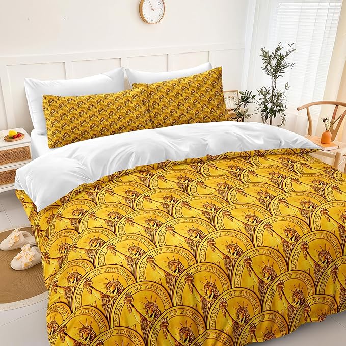 Bedorm Money Comforter Sets Gold Coins Bedding Queen Size Bed Sets Statue of Liberty New York Bedroom Decor Rich Funny Bedding Comforter Set Queen Size