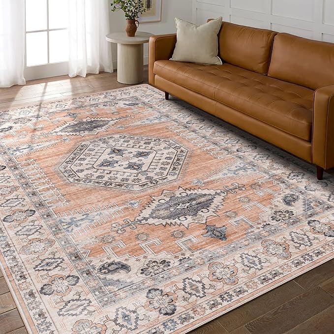 vivorug 8x10 Area Rugs for Living Room, Non-Slip Backing Washable Rug 8x10, Large Area Rug Soft Carpet for Bedroom Dining Room, Vintage, Easy Clean, Durable, Low Pile Rug, Orange