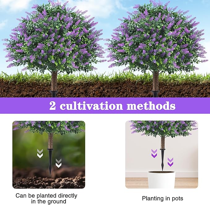 Set of 2 Pack Large Artificial Plants Lavender Topiary Ball Tree, 24.8" Tall Outdoor UV Resistant Simulated Bushes with Ground Spike, Faux Lavender Shrubs for Indoor, Front Porch, Home Garden