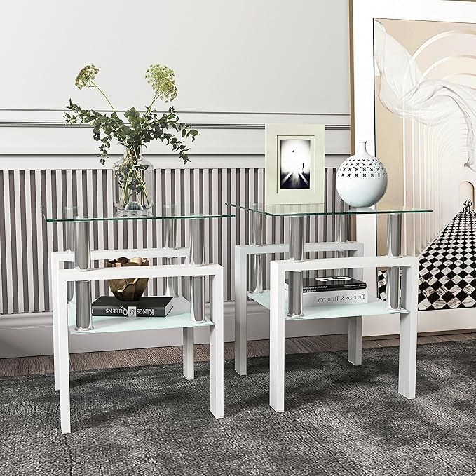 IANIYA 2PCS Modern Glass End Table, 2-Tier Side Table with Tempered Glass Top & Metal Legs, Night Stand Corner Table for Living Room, Bedroom, White