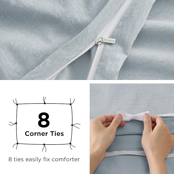 Bedsure 100% Stone Washed Cotton Duvet Cover Queen - Cornflower Blue Minimalist Duvet Cover Linen Like for All Seasons - GentleSoft™ Plain Simple Bedding, 3 Pieces (Cornflower Blue, Queen, 90"x90")