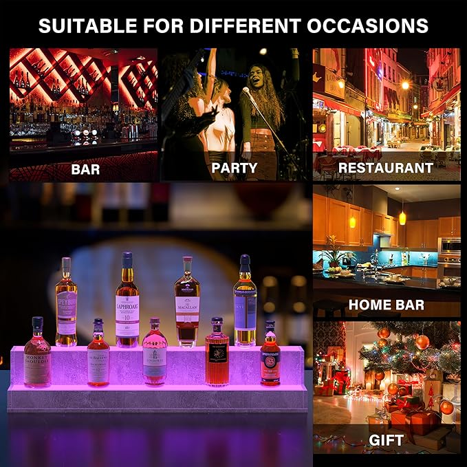 LED Lighted Liquor Bottle Display Shelf, 38 Inch Bar Display Shelf, DIY Illuminated Bottle Shelf with App & Remote Control, 2 Step Freestanding Holding Bottles for Home Bar, Party, Grey