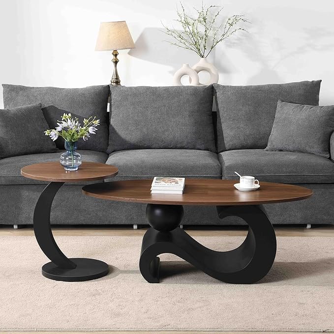 Marble Nesting Coffee Table Set of 2,Modern Oval Center Tea Table and Round Side Nightstand Set w/Wood Tabletop and Metal Frame for Living Room Accent Furniture