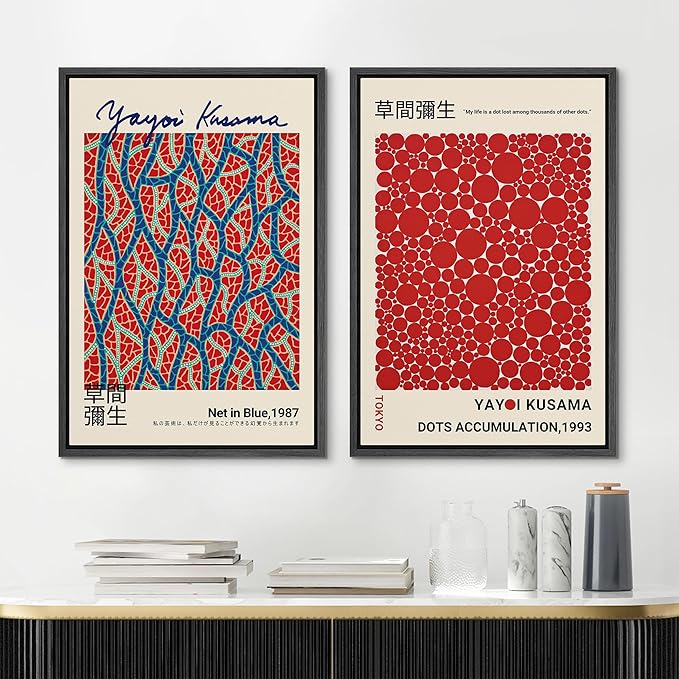 MUDECOR Framed Canvas Print Wall Art Blue Red Dots by Yayoi Kusama Japanese Nature Illustration Modern Art Decorative Multicolor Geometric Minimal for Bedroom - 16"x24"x2 Black