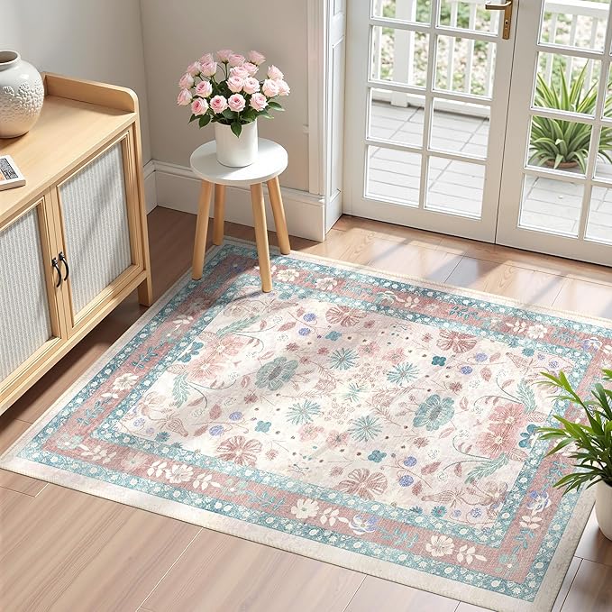 Deerly Pink Floral Rugs for Entryway 2x3 Washable Throw Rug Small Vintage Boho Bathroom Door Mat Non-Slip Soft Low Pile Thin Indoor Carpet for Kitchen Entrance Farmhouse, Light Pink/Blue/Multi